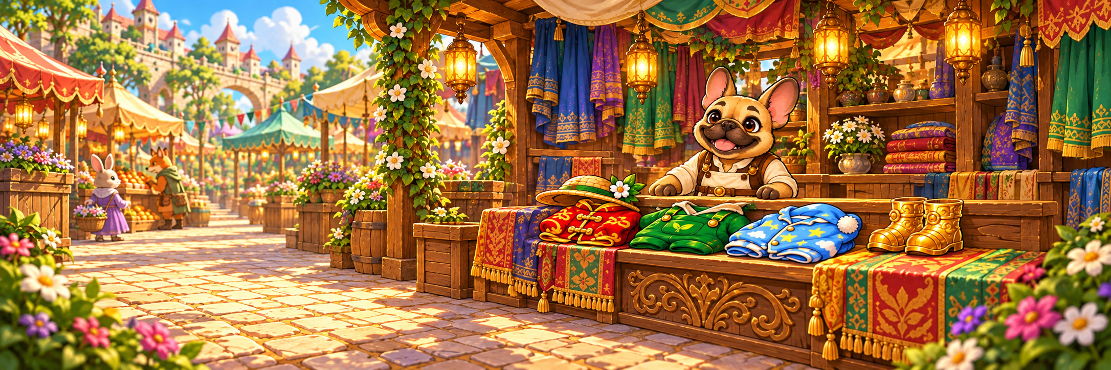 A sunny detailed market with a French bulldog clothing seller, and decorative rabbit and fox shoppers